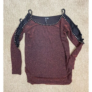 A.Z.I Jeans Black Glitter‎ Top S Lattice Cutout Sleeves Whimsigoth Punk Goth